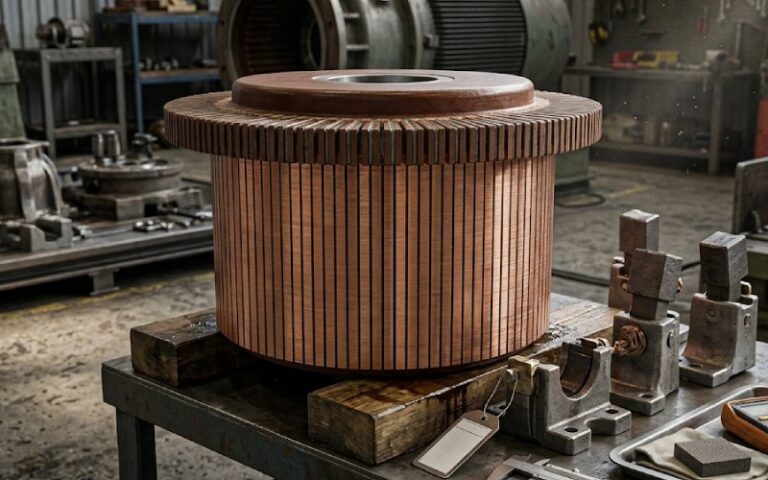 Large industrial commutator in a repair workshop
