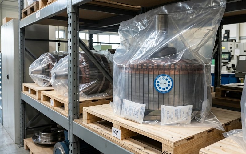 Collecteur de rechange correctement stocké avec déshydratant et indicateur d'humidité dans un emballage scellé.