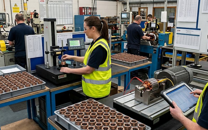 Quality audit and electrical testing setup for batch inspection of commutator components