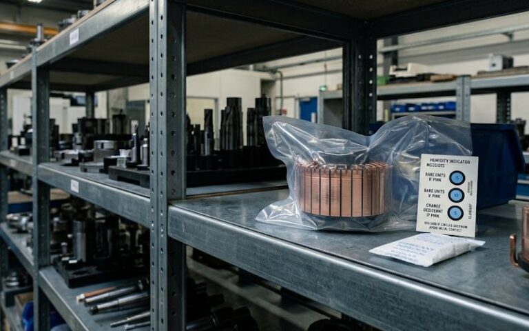Spare commutator sealed in protective packaging on a clean industrial storage shelf