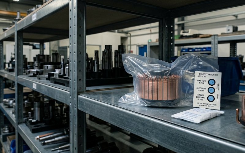 Ersatzkommutator versiegelt in einer Schutzverpackung auf einem sauberen industriellen Lagerregal