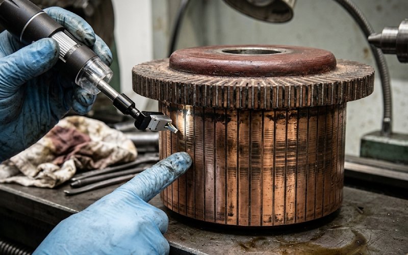 Technicien mesurant le faux-rond du collecteur à l'aide d'un comparateur lors de l'inspection d'un moteur industriel