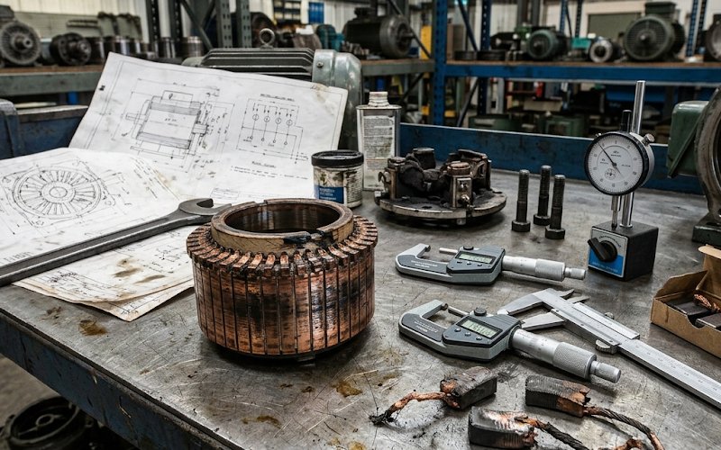 Abgenutzter Kommutator auf einer Werkbank mit Bürsten und Werkzeugen