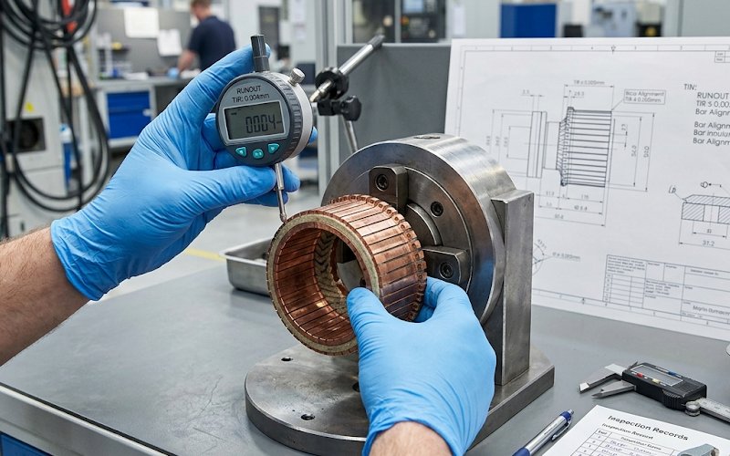 inspecting a copper commutator with measuring tools